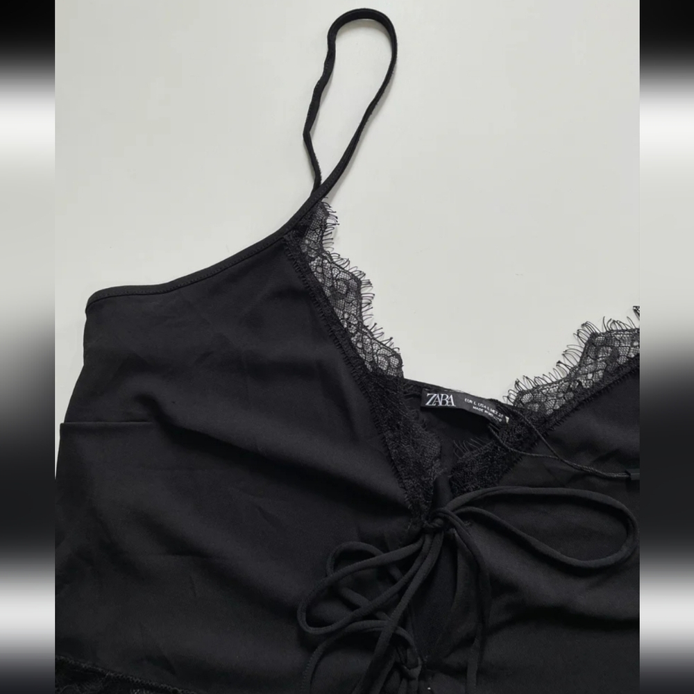 Black Lace Trim Satin Cami Boho Tie Front Slip Y2K Coquette Tank Top Chic New